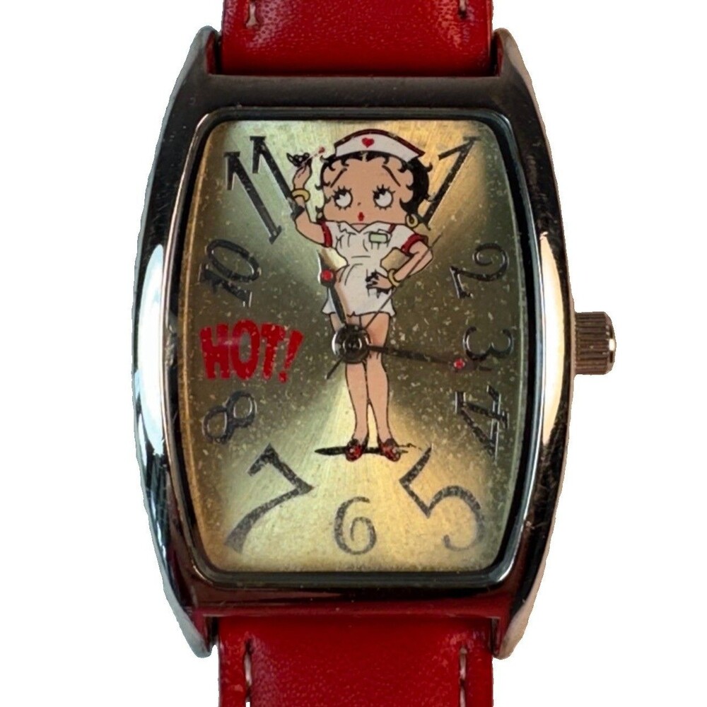 Vintage 2008 Betty Boop Nurse Watch Tonneau Red Leather Strap HOT Japan Movt